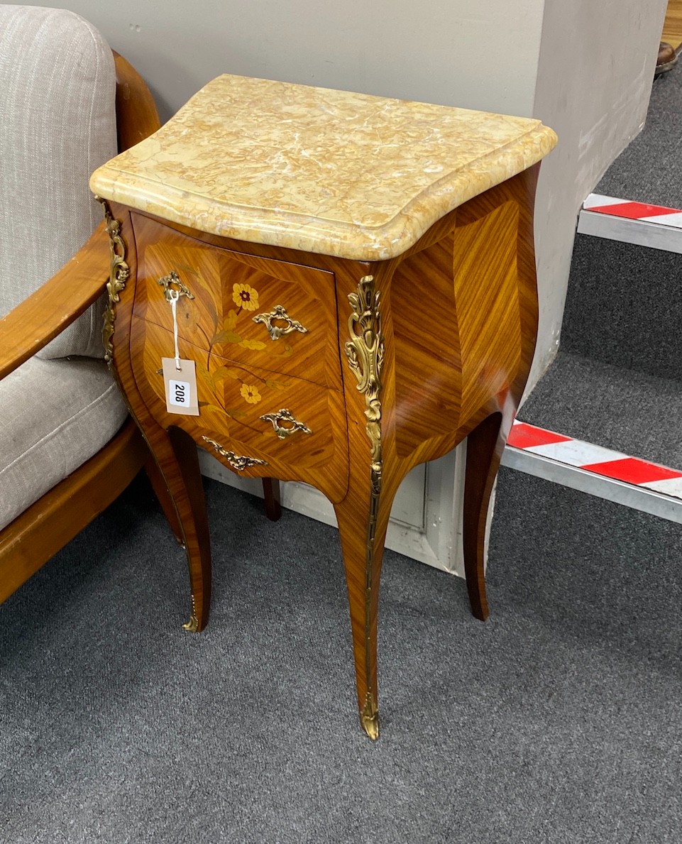 A pair of Louis XVI style inlaid kingwood marble topped bombe bedside chests, width 41cm, depth 29cm, height 72cm